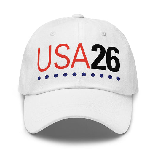 White soccer dad hat with text USA 26