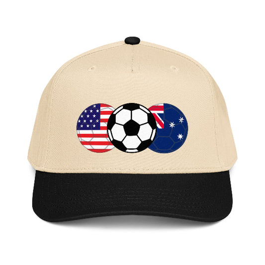 Snapback hat with image of soccer ball and flags of USA and Australia 