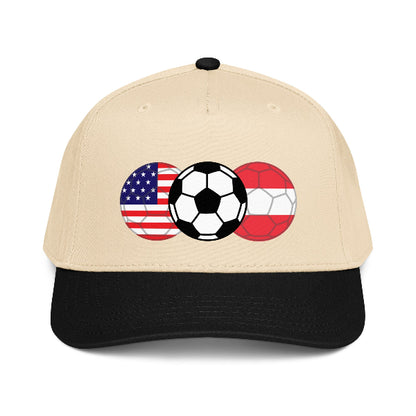 Snapback hat with image of soccer ball and flags of USA and Austria