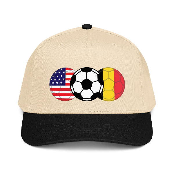 Snapback hat with image of a soccer ball and the flags of Belgium and USA