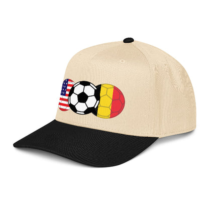 Snapback hat with image of soccer ball and flags of the USA and Belgium
