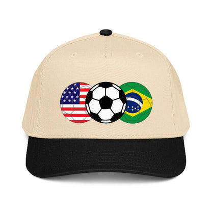 Beige snapback hat with a soccer ball and American and Brazilian flags on a white background