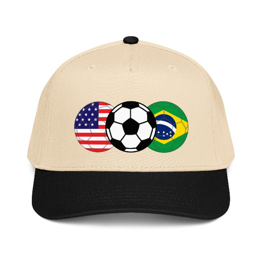 Beige snapback hat with a soccer ball and American and Brazilian flags on a white background