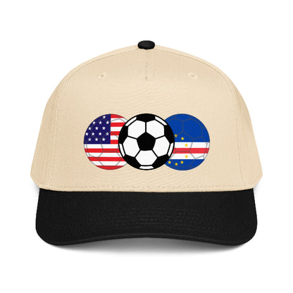 Snapback hat with image of soccer ball and flags of USA and Cabo Verde
