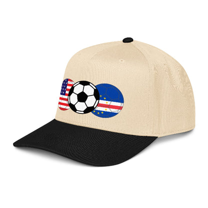 Snapback hat with image of soccer ball and flags of USA and Cabo Verde