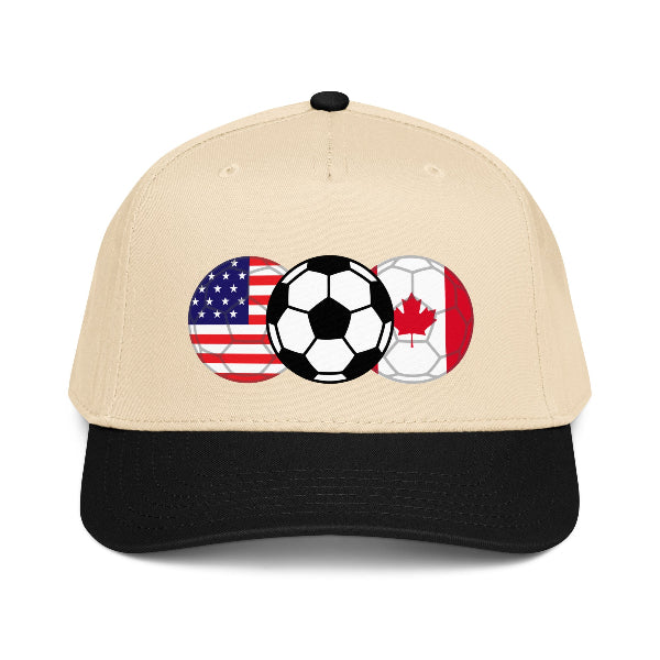 Beige snapback with soccer ball and American and Canadian flag designs on a white background