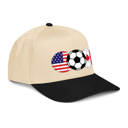 Beige and black snapback with American and Canada flags and a soccer ball design on a white background