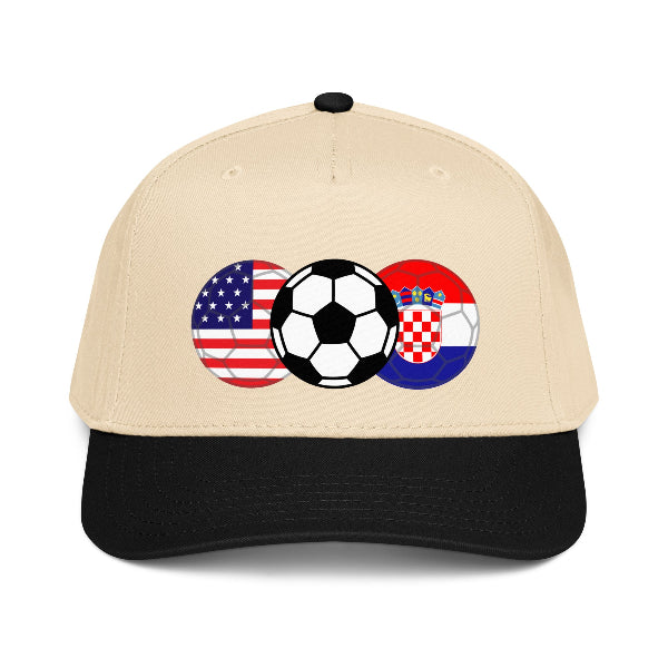 Snapback hat with image of soccer ball and flags of USA and Croatia