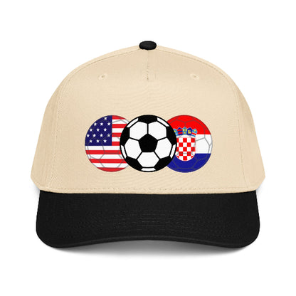 Snapback hat with image of soccer ball and flags of USA and Croatia
