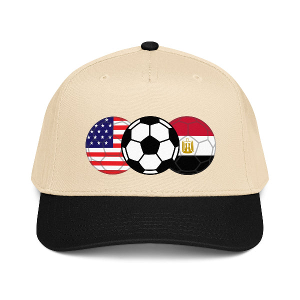 Snapback hat with image of soccer ball and flags of USA and Egypt