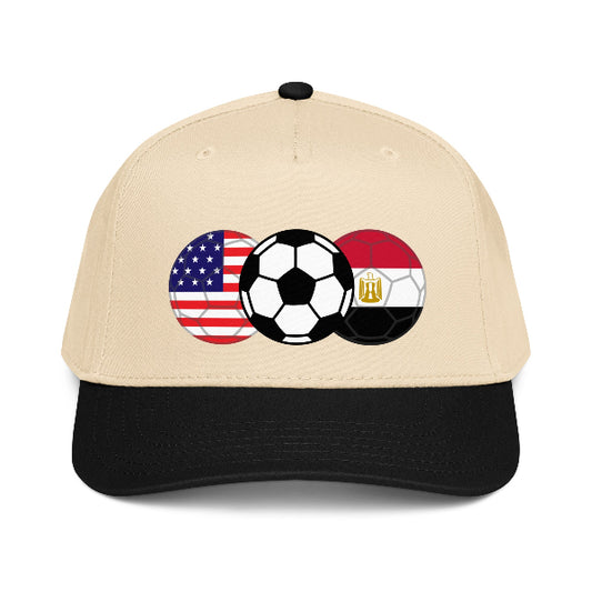 Snapback hat with image of soccer ball and flags of USA and Egypt
