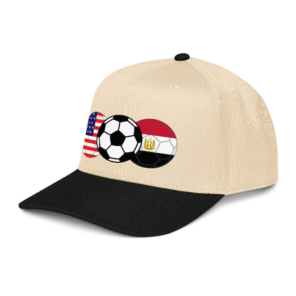Snapback hat with image of soccer ball and flags of USA and Egypt