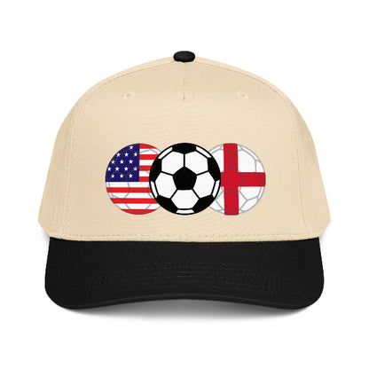 Snapback hat with image of soccer ball and flags of USA and England