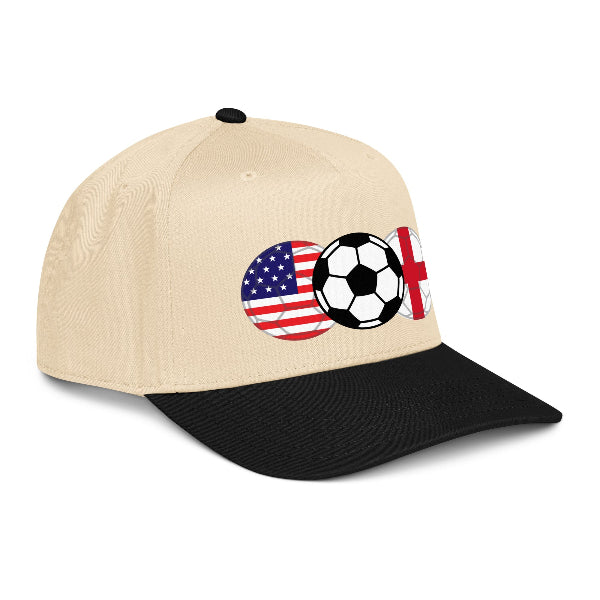 Snapback hat with image of a soccer ball and the flags of USA and England