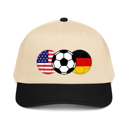 Snapback hat with image of soccer ball and flags of USA and Germany