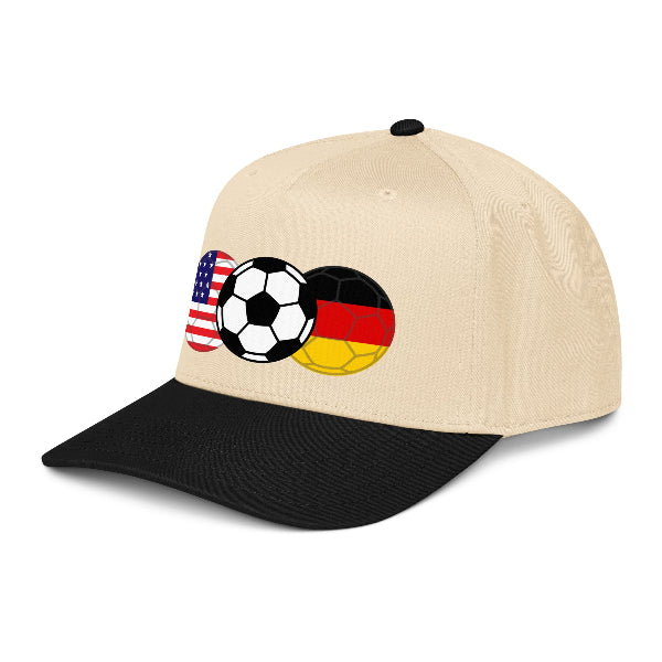 Snapback hat with image of soccer ball and flags of USA and Germany