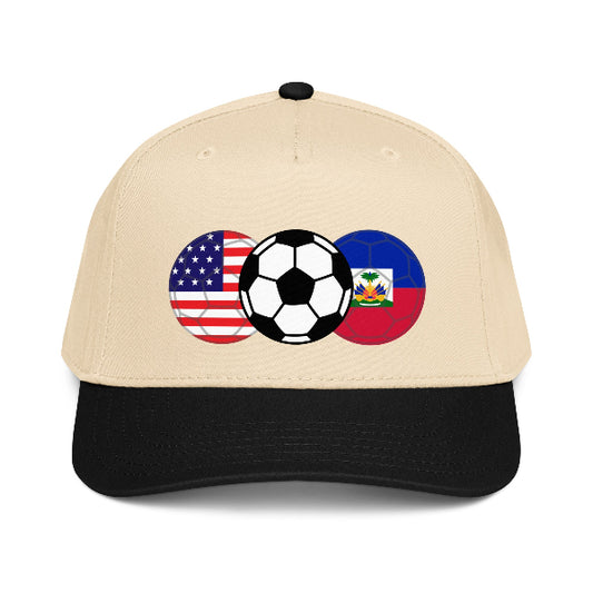 Snapback hat with image of soccer ball and flags of USA and Haiti