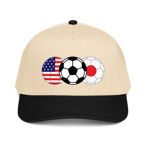 Snapback hat with image of soccer ball and flags of USA and Japan