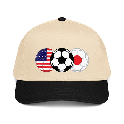 Snapback hat with image of soccer ball and flags of USA and Japan