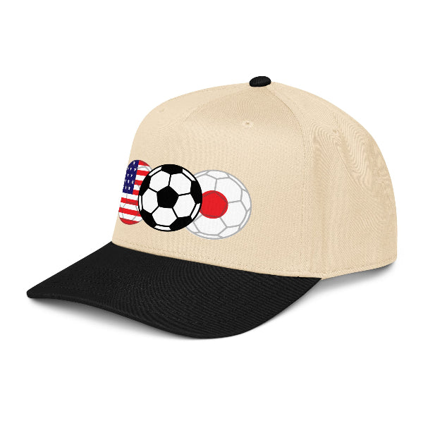 Snapback hat with image of a soccer ball and the flags of USA and Japan