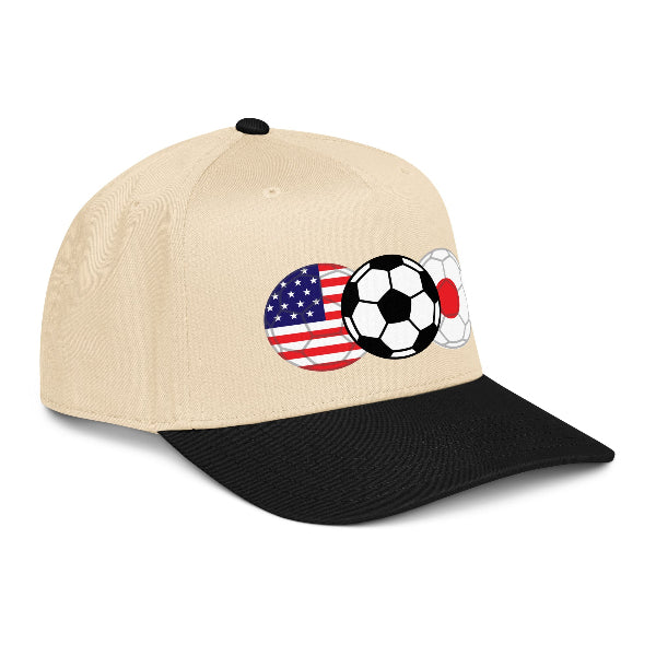 Snapback hat with image of a soccer ball and the flags of USA and Japan