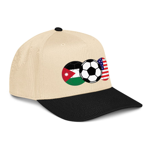 Soccer snapback hat with soccer balls and flags of USA and Jordan