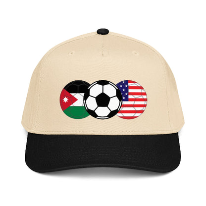 Soccer snapback hat with soccer balls and flags of USA and Jordan
