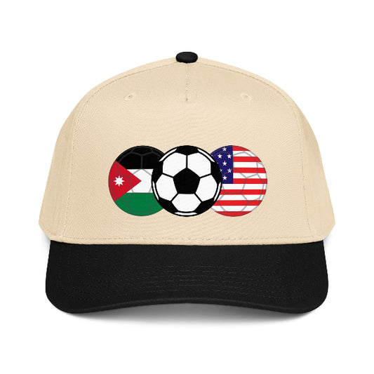 Soccer snapback hat with soccer balls and flags of USA and Jordan