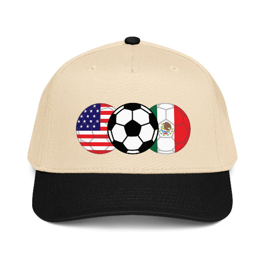 Beige snapback hat with soccer ball and American and Mexican flag design on a white background
