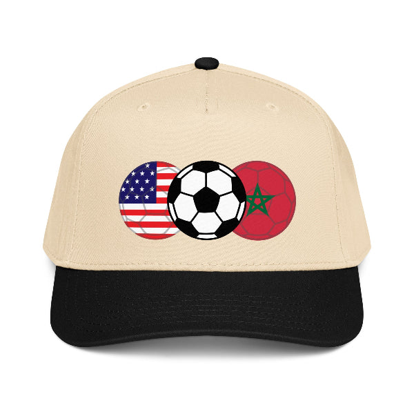 Football snapback with image of soccer ball and flags of USA and Morocco
