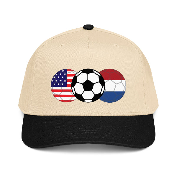 Snapback hat with image of soccer ball and flags of USA and Netherlands