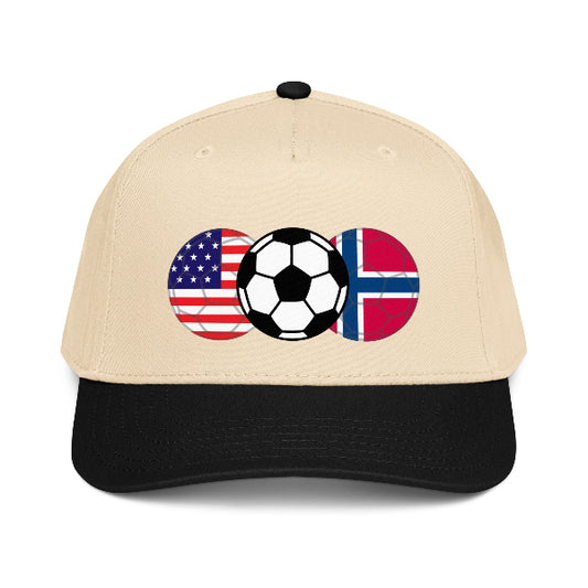 Snapback hat with image of a soccer ball and the flags of USA and Norway
