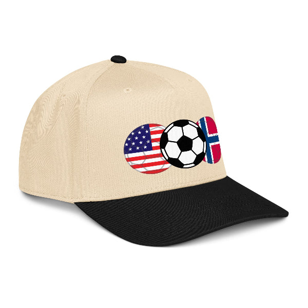 Snapback hat with image of a soccer ball and the flags of USA and Norway