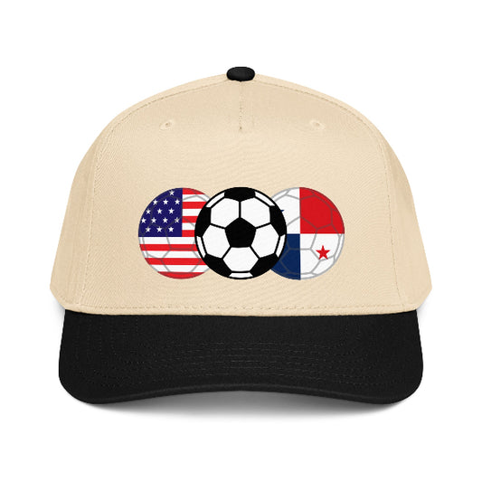 Beige snapback with soccer ball and American and Panamanian flag designs on a white background