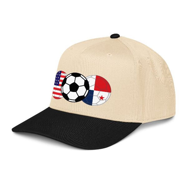 Beige and black snapback with soccer ball and flag design with USA and Panama on a white background