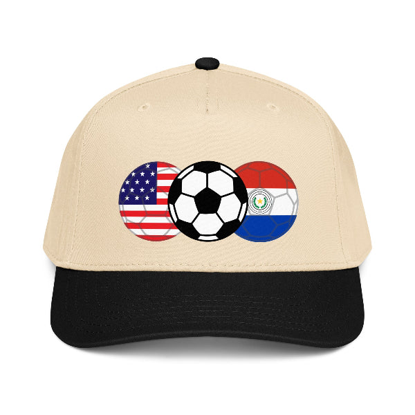Snapback hat with image of soccer ball and flags of USA and Paraguay