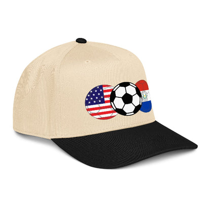 Snapback hat with image of soccer ball and flags of USA and Paraguay