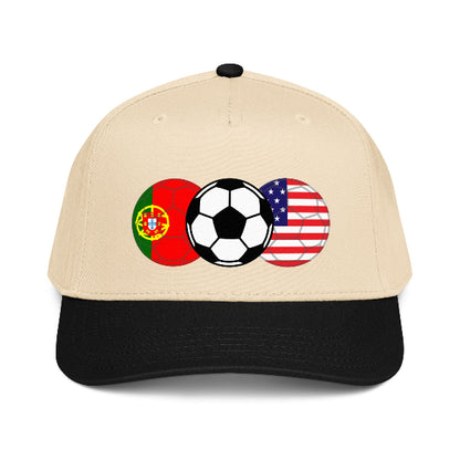 Soccer snapback hat with soccer balls and flags of USA and Portugal