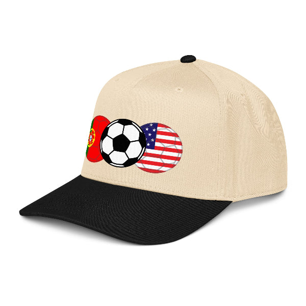 Snapback hat with soccer balls and flags of the USA and Portugal