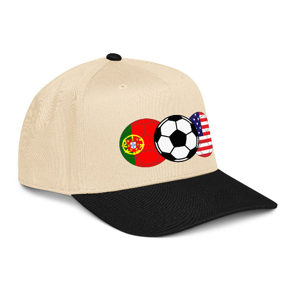 snapback hat with soccer balls and flags of USA and Portugal 