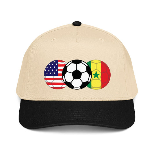 Snapback hat with image of soccer ball and flags of USA and Senegal