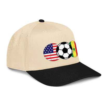 snapback hat with image of soccer ball and flags of USA and Senegal