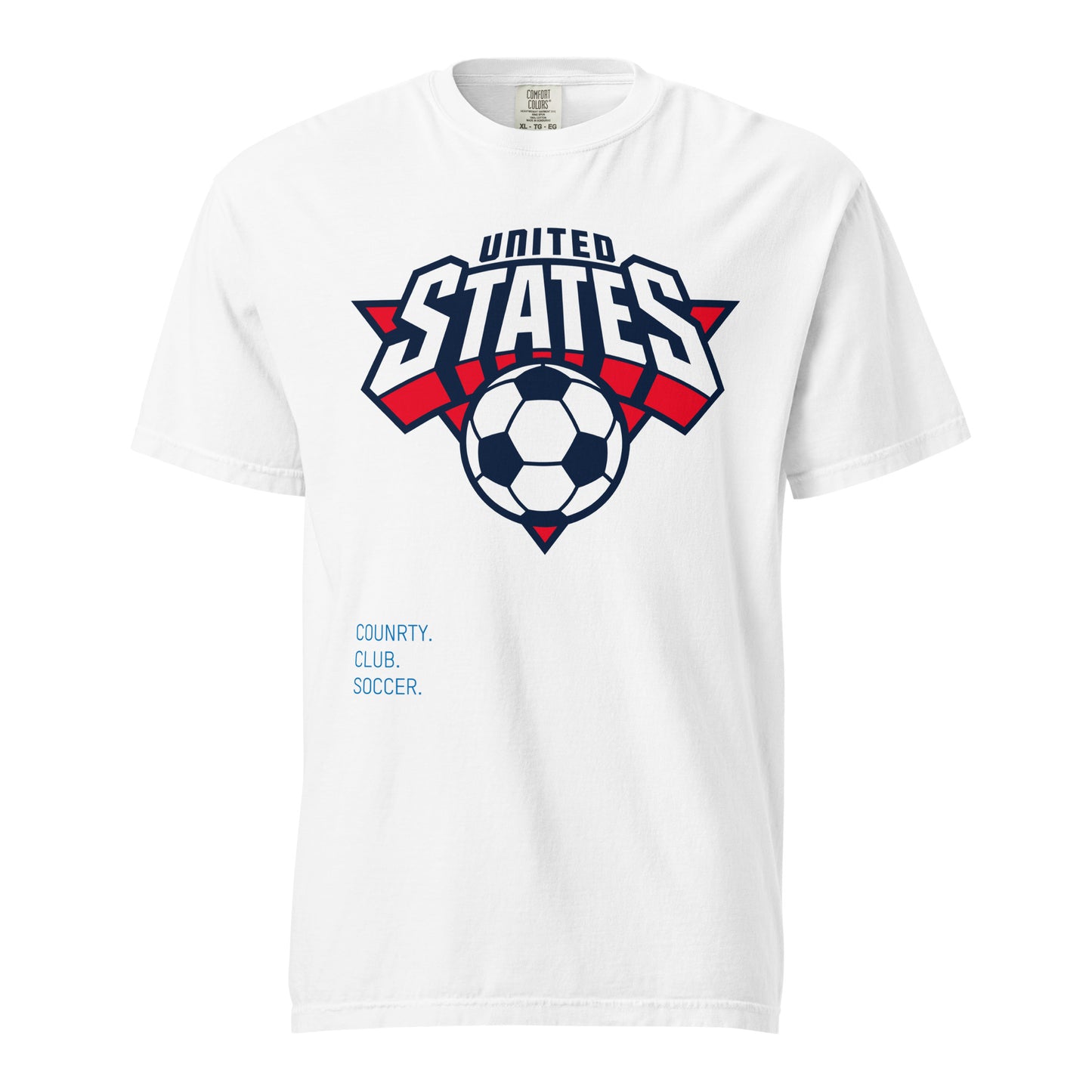 White t-shirt with a soccer ball and 'United States' design on a white background