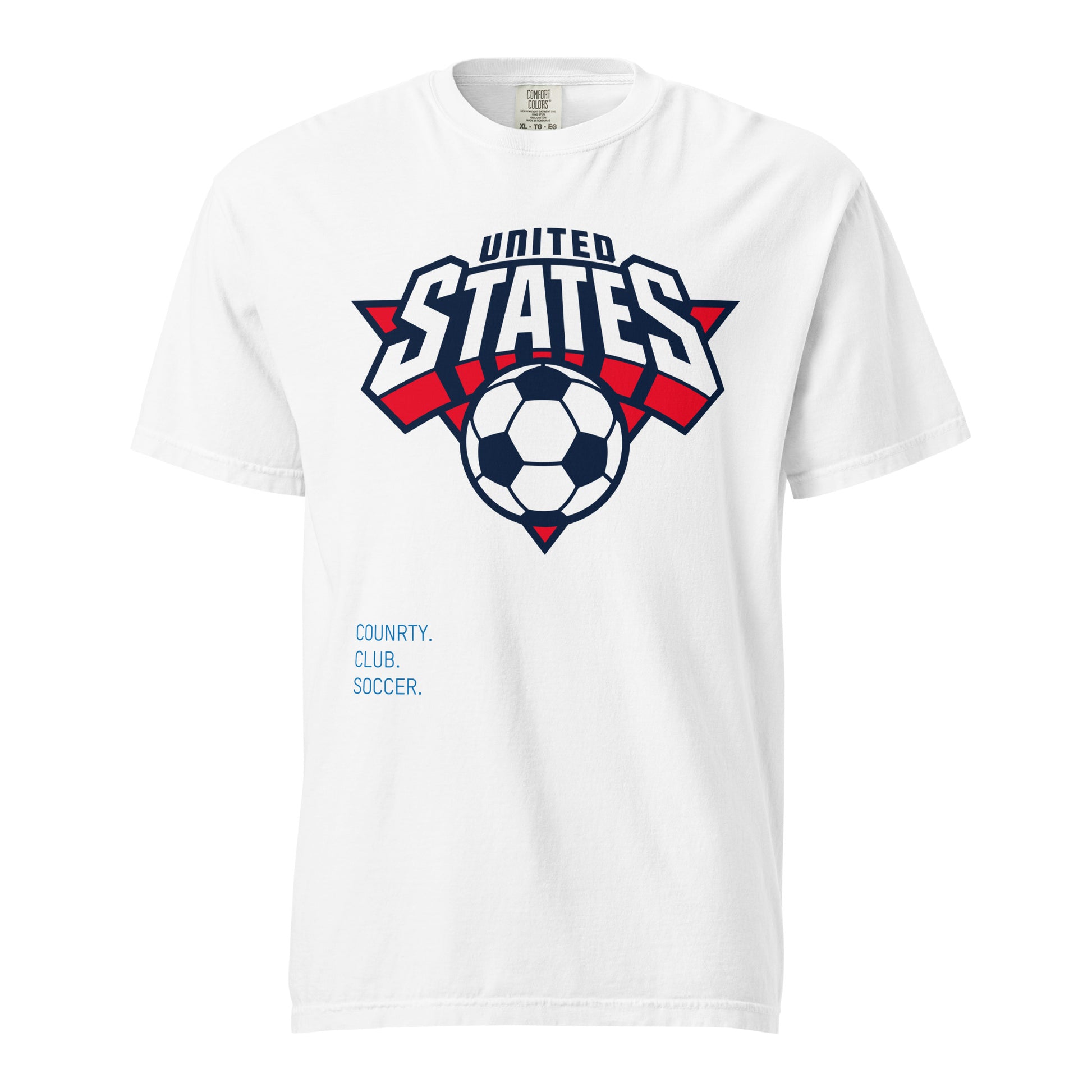 White t-shirt with a soccer ball and 'United States' design on a white background