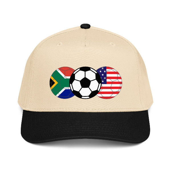 Snapback hat with soccer balls and flags of USA and South Africa