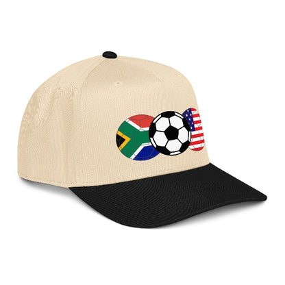 Football snapback with image of soccer ball and flags of USA and South Africa