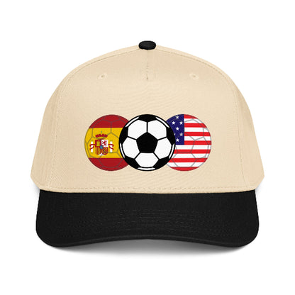 Snapback hat with image of soccer ball and flags of USA and Spain
