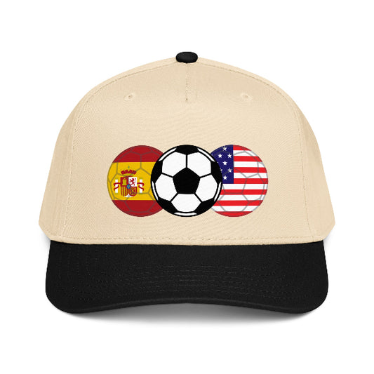Snapback hat with image of soccer ball and flags of USA and Spain