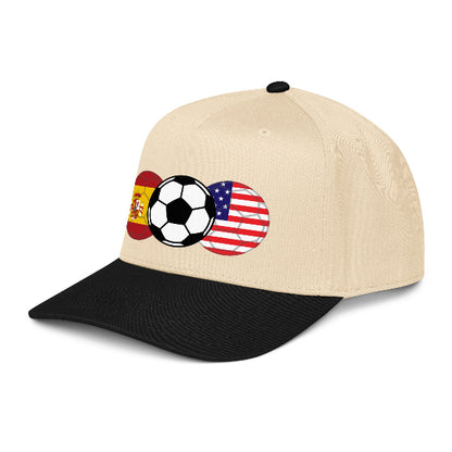 Beige snapback hat with soccer ball and American and Spanish flags on a white background