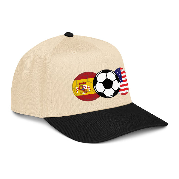 Beige and black snapback hat with soccer ball and flags design on a white background